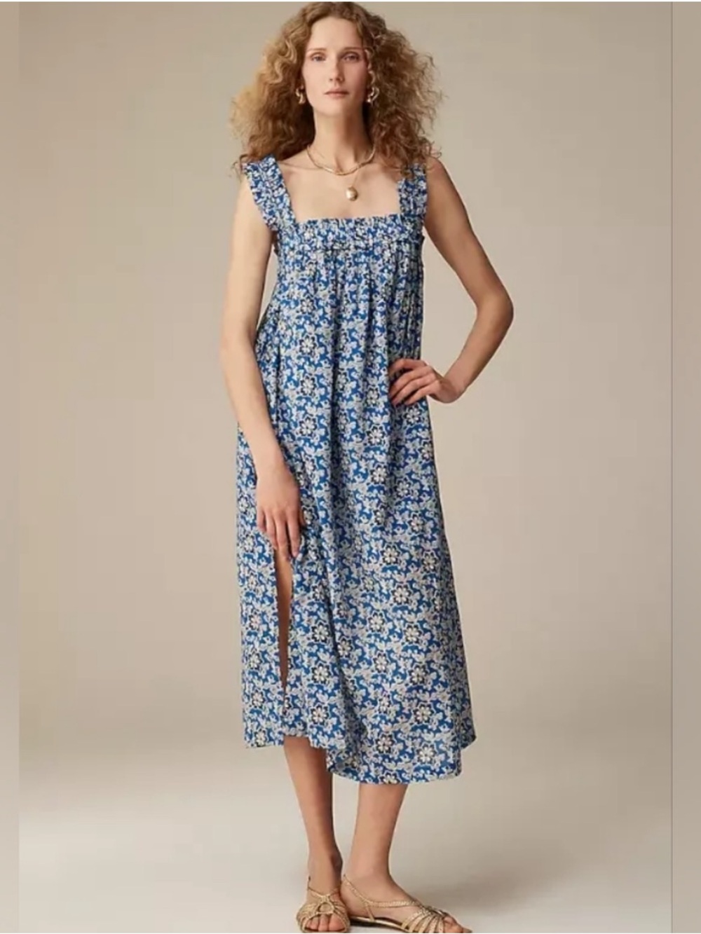 J. Crew Cotton voile ruffle-trim shift dress in cobalt floral Blue Navy White 3X